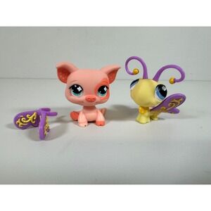Set‎ of 2 Littlest Pet Shop Pet Pairs #621 #622 Pig & Butterfly Funniest Retired